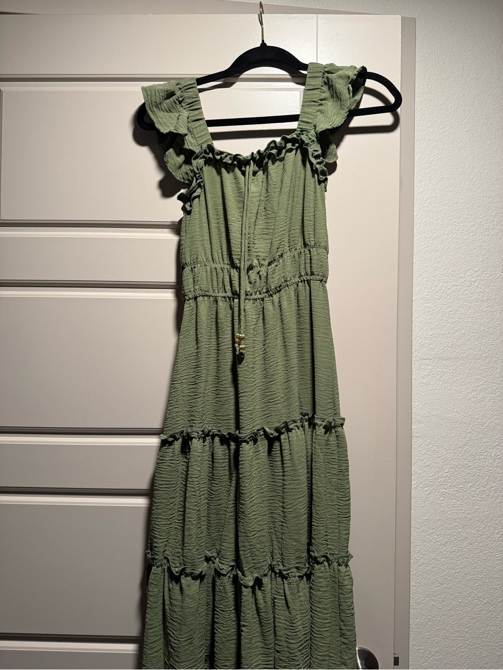 Women's Sage Green Tiered Midi Dress with Ruffle Straps